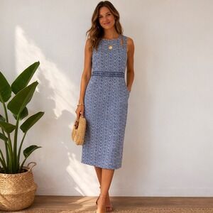 Maggy London Blue White Geometric Floral Cutout Sheath Dress Womens 10 Midi